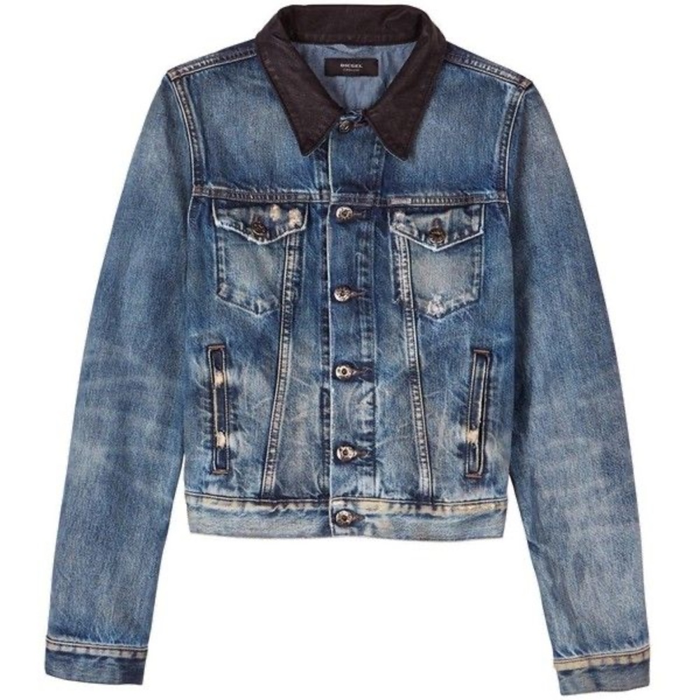 Denim Distressed Diesel Jacket Leather Collar